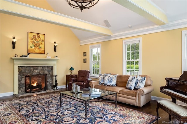 229 Umpawaug Rd, Redding, CT 06896 - living room with wood finished floors, baseboards, a fireplace, and ornamental molding