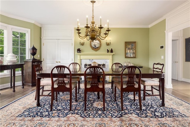 229 Umpawaug Rd, Redding, CT 06896 - dining room with a chandelier, crown molding, baseboards, and wood finished floors