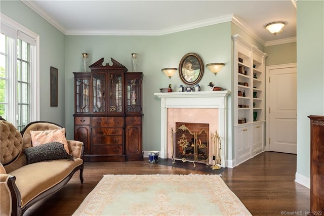 229 Umpawaug Rd, Redding, CT 06896 - living area with wood finished floors, ornamental molding, a fireplace, and baseboards