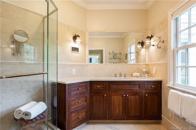 229 Umpawaug Rd, Redding, CT 06896 - bathroom featuring tile walls, crown molding, healthy amount of natural light, a stall shower, and vanity