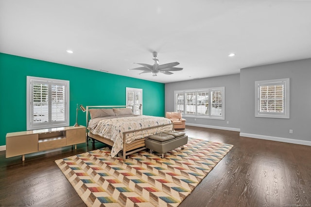 bedroom featuring recessed lighting, wood finished floors, a ceiling fan, and baseboards