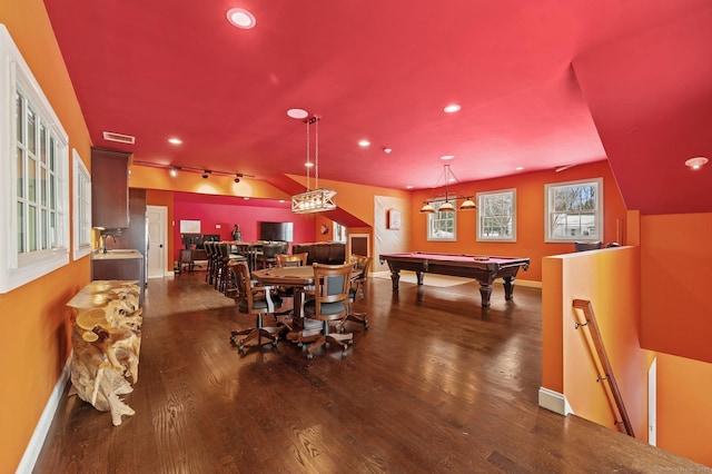 playroom with recessed lighting, wood finished floors, visible vents, and billiards