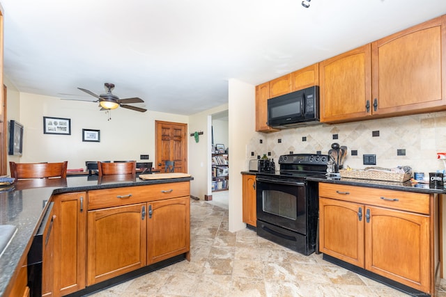 kitchen featuring ceiling fan, brown cabinetry, backsplash, and black appliances