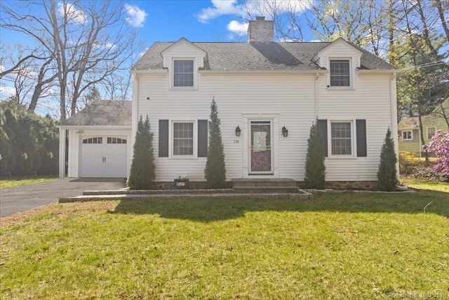 116 Gaylord Dr, Waterbury, CT 06708 - view of front of home with a front lawn, driveway, a chimney, an attached garage, and a shingled roof