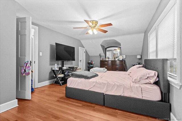 116 Gaylord Dr, Waterbury, CT 06708 - bedroom featuring lofted ceiling, wood finished floors, a ceiling fan, and baseboards