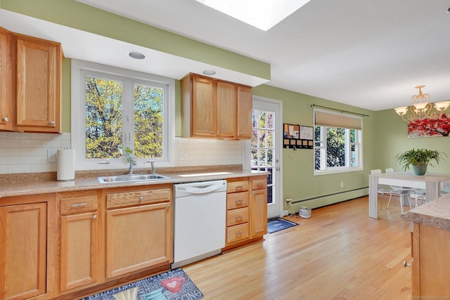 kitchen with a baseboard heating unit, light wood finished floors, a sink, decorative backsplash, and dishwasher