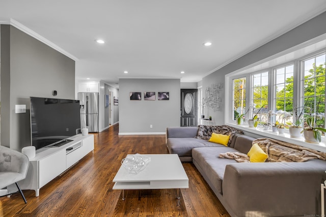 11 Botte Dr, West Haven, CT 06516 - living room with crown molding, dark wood-style floors, recessed lighting, and baseboards