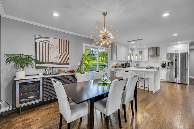 11 Botte Dr, West Haven, CT 06516 - dining room with wine cooler, recessed lighting, a chandelier, crown molding, and dark wood-type flooring