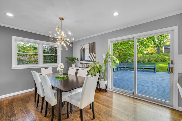 11 Botte Dr, West Haven, CT 06516 - dining area featuring ornamental molding, a chandelier, plenty of natural light, wood finished floors, and recessed lighting