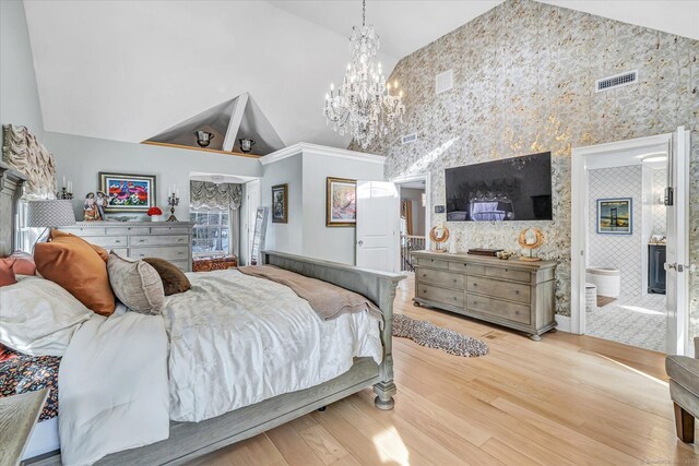 830 Bayberry Ln, Orange, CT 06477 - bedroom featuring wallpapered walls, visible vents, a chandelier, high vaulted ceiling, and wood finished floors