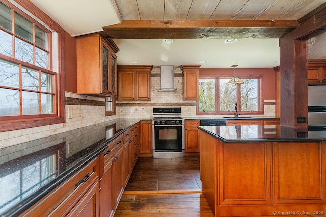 15 Fox Den Rd, Danbury, CT 06811 - kitchen with a sink, dark wood-style flooring, gas stove, wall chimney range hood, and brown cabinetry