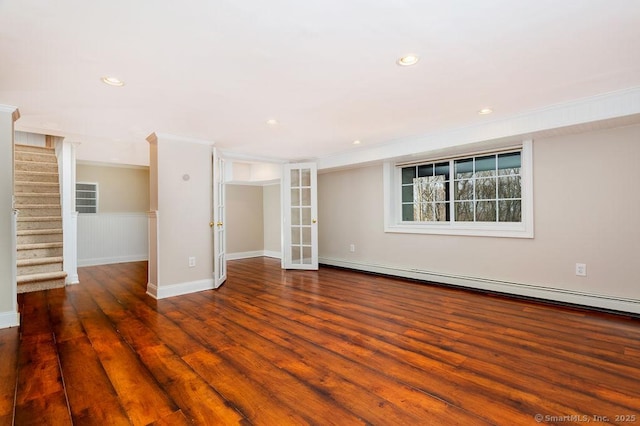 15 Fox Den Rd, Danbury, CT 06811 - spare room with recessed lighting, wood finished floors, crown molding, a baseboard radiator, and stairs