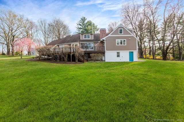 15 Fox Den Rd, Danbury, CT 06811 - rear view of property featuring a lawn, a chimney, a deck, and stairs