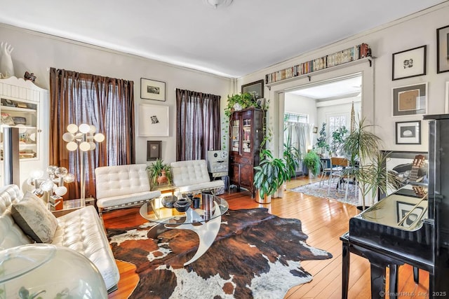 living area featuring crown molding and hardwood / wood-style floors