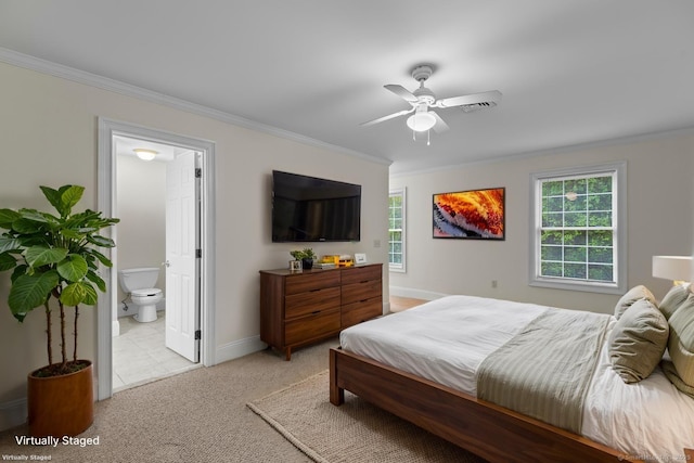 134 Sanford St Unit 4, Hamden, CT 06514 - bedroom with ensuite bathroom, crown molding, light carpet, a ceiling fan, and baseboards