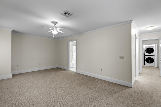 134 Sanford St Unit 4, Hamden, CT 06514 - empty room with light colored carpet, ornamental molding, stacked washer / drying machine, and a ceiling fan
