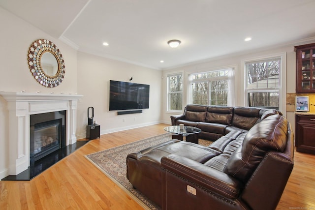 96 Damascus Rd, Branford, CT 06405 - living area featuring a glass covered fireplace, baseboards, recessed lighting, wood finished floors, and ornamental molding