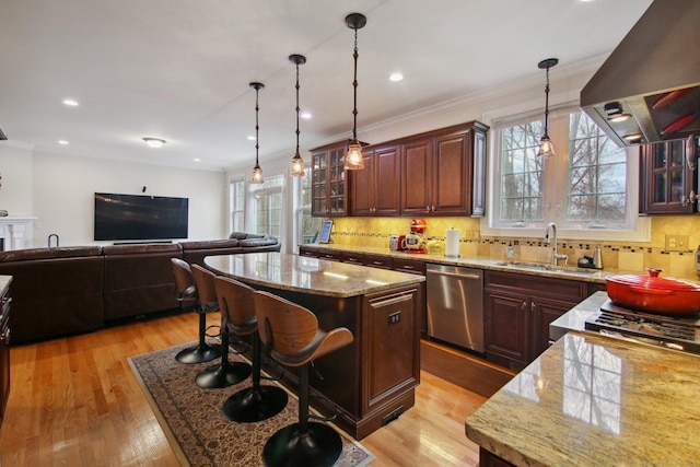96 Damascus Rd, Branford, CT 06405 - kitchen featuring wall chimney range hood, a sink, open floor plan, dishwasher, and a kitchen island