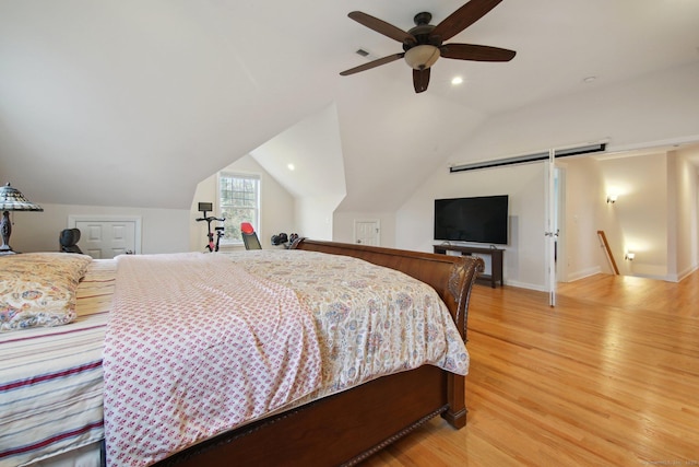 96 Damascus Rd, Branford, CT 06405 - bedroom featuring vaulted ceiling, light wood-style flooring, and ceiling fan