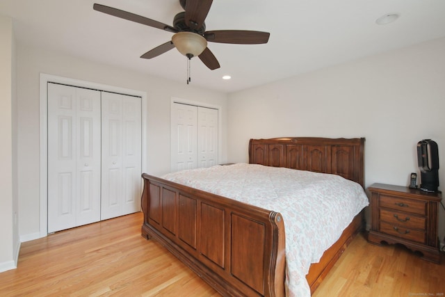 96 Damascus Rd, Branford, CT 06405 - bedroom featuring multiple closets, recessed lighting, light wood-style floors, and a ceiling fan