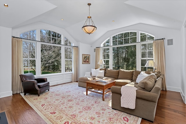living room featuring baseboards, wood finished floors, and lofted ceiling