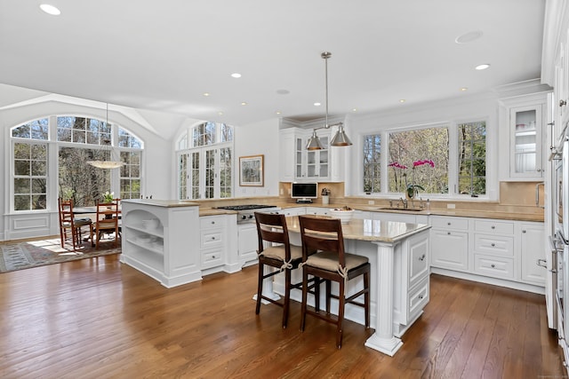 kitchen with dark wood-style floors, glass insert cabinets, open shelves, a kitchen island, and white cabinets