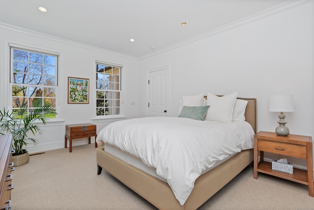 bedroom featuring baseboards, recessed lighting, ornamental molding, and light colored carpet