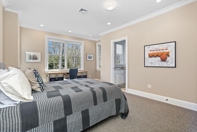 carpeted bedroom with recessed lighting, connected bathroom, crown molding, visible vents, and baseboards