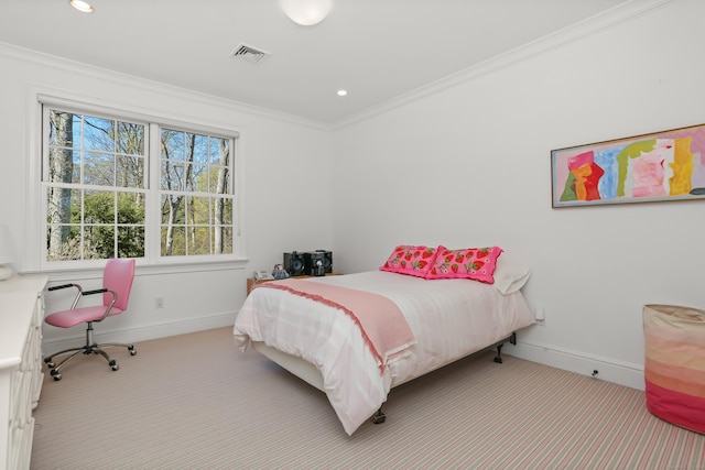 carpeted bedroom with crown molding, recessed lighting, visible vents, and baseboards