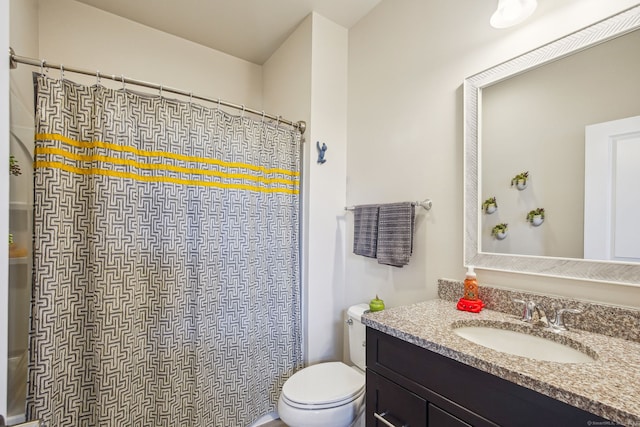 full bathroom with vanity, toilet, and a shower with curtain