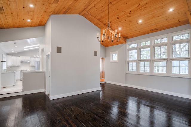 unfurnished living room with dark wood-style flooring, wooden ceiling, a notable chandelier, lofted ceiling, and recessed lighting