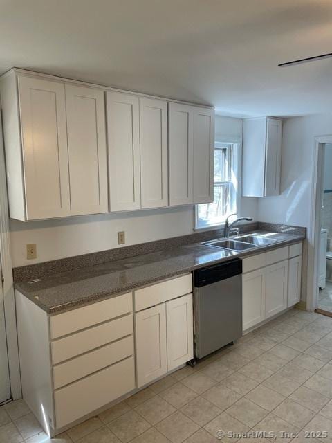 302 High St, Naugatuck, CT 06770 - kitchen with dark countertops, dishwasher, a sink, and white cabinetry