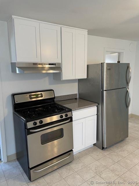 302 High St, Naugatuck, CT 06770 - kitchen with white cabinets, under cabinet range hood, dark countertops, baseboards, and appliances with stainless steel finishes
