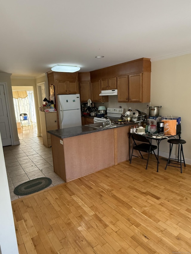 kitchen with under cabinet range hood, a peninsula, white appliances, and crown molding