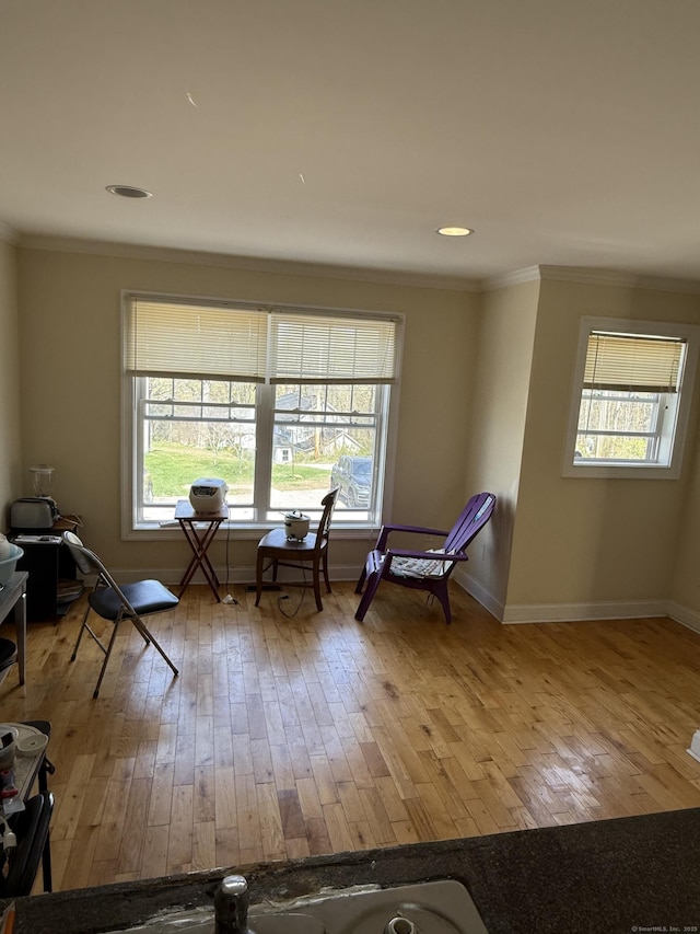 living area featuring a healthy amount of sunlight, hardwood / wood-style flooring, and ornamental molding