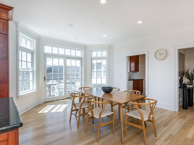 293 Lake Rd, Warren, CT 06777 - dining area featuring healthy amount of natural light, baseboards, recessed lighting, and ornamental molding