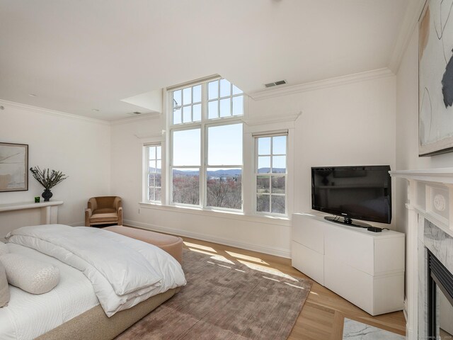 293 Lake Rd, Warren, CT 06777 - bedroom with a glass covered fireplace, crown molding, light wood-style flooring, and baseboards