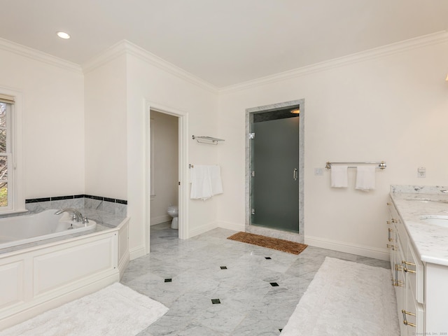293 Lake Rd, Warren, CT 06777 - full bath featuring ornamental molding, a bath, marble finish floors, toilet, and baseboards