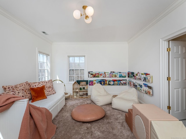 293 Lake Rd, Warren, CT 06777 - carpeted living room featuring crown molding and a chandelier