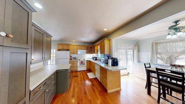 335 Paradise Ave, Hamden, CT 06514 - kitchen featuring light countertops, light wood-style flooring, ceiling fan, and white appliances