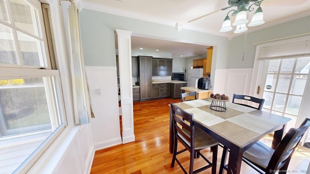 335 Paradise Ave, Hamden, CT 06514 - dining space with ceiling fan, crown molding, a wainscoted wall, and light wood finished floors
