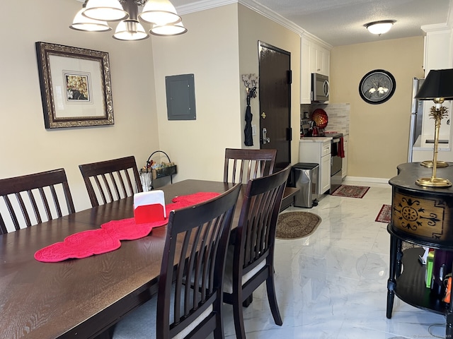 3699 Broadbridge Ave Unit 234, Stratford, CT 06614 - dining area with a chandelier, electric panel, marble finish floor, baseboards, and ornamental molding