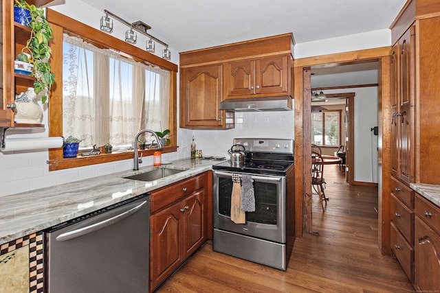 kitchen featuring under cabinet range hood, stainless steel appliances, wood finished floors, a sink, and tasteful backsplash