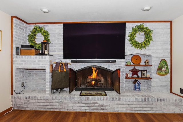 details featuring baseboards, wood finished floors, and a fireplace