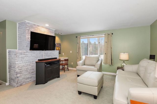living room featuring light carpet, baseboards, and recessed lighting