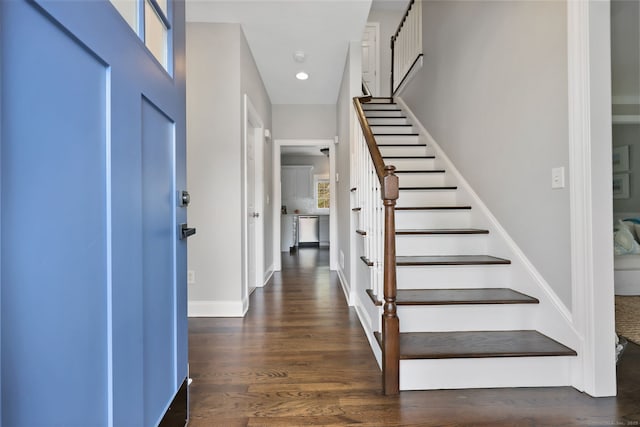 12 Canoe Brook Rd, Trumbull, CT 06611 - entryway with baseboards, stairway, dark wood-type flooring, and recessed lighting