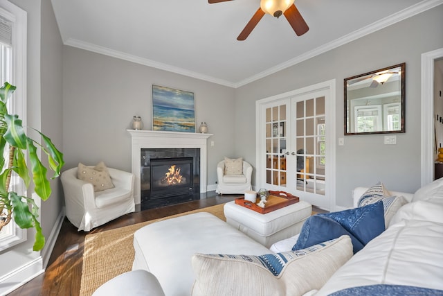 12 Canoe Brook Rd, Trumbull, CT 06611 - living area featuring crown molding, ceiling fan, a fireplace with flush hearth, and wood finished floors