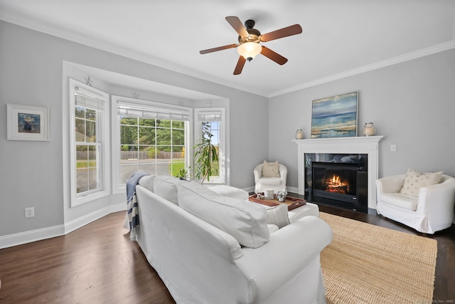 12 Canoe Brook Rd, Trumbull, CT 06611 - living area featuring dark wood-style flooring, a fireplace, ceiling fan, baseboards, and ornamental molding