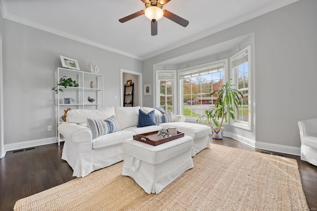 12 Canoe Brook Rd, Trumbull, CT 06611 - living area with crown molding, visible vents, baseboards, wood finished floors, and a ceiling fan