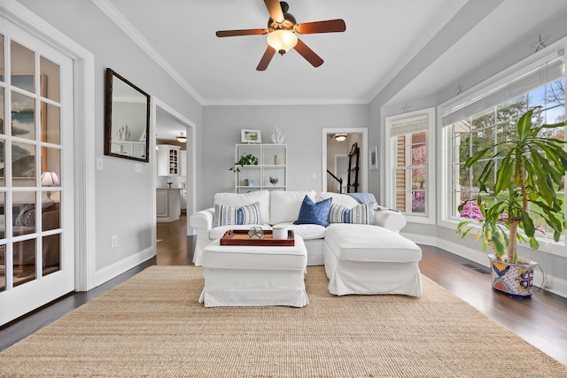 12 Canoe Brook Rd, Trumbull, CT 06611 - living room featuring wood finished floors, ceiling fan, baseboards, visible vents, and crown molding